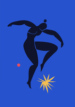 Poster Inspired By Matisse. Cutout Silhouette Of A Dancing Woman. Collage In The Style Of Henri Matisse Black On Blue With A Yellow Star.