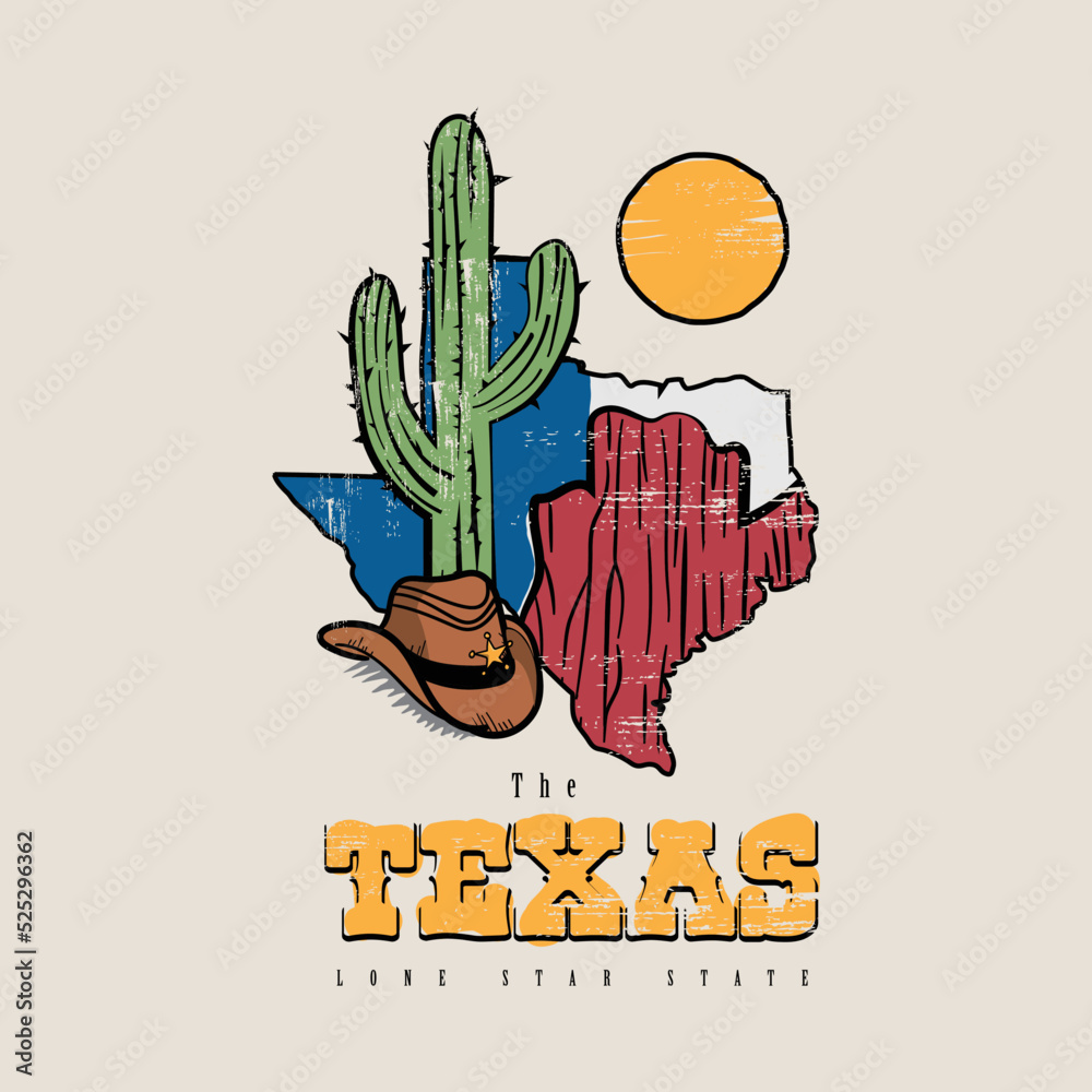 Texas Map with the Cowboy Hat and Cactus Graphic. Vintage Grunge ...