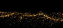 Gold Hexagon Wave Of Particles And Lines. Big Data Visualization. Abstract Background With A Dynamic Wave. 3d Rendering.