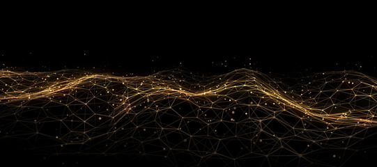 Poster - Gold hexagon wave of particles and lines. Big data visualization. Abstract background with a dynamic wave. 3d rendering.