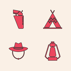 Sticker - Set Camping lantern, Revolver gun holster, Indian teepee or wigwam and Western cowboy hat icon. Vector