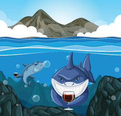 Poster - Shark cartoon character underwater scene