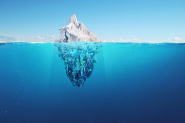 Wall Mural - creative iceberg floating in the ocean with garbage plastic bottles underwater. global warming and p