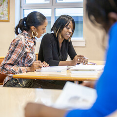 Teenage Students, classroom discussion. A pair of college friends working together in the classroom. From a series of related images.