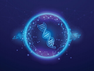 Sticker - Virtual DNA Structure Inside Shiny Round And Line Polygon Geometric On Blue Background.