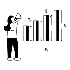 Sticker - Doodle Style Illustration Of Faceless Young Woman Presenting Growth Bar Graph On White Background.