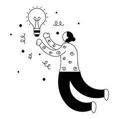 Poster - Lineart Illustration of a Woman Trying to Catch an Idea (Bulb). Business Concept.