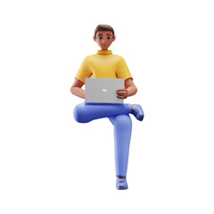 Sticker - 3D Young Man Working With Laptop In Sitting Pose.