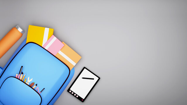 3D Rendering Of Top View Education Supplies Element And Copy Space On Gray Background.