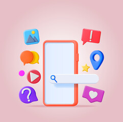 Poster - 3D Social Media Concept Isolated. Render Smartphone with Colorful Social Network Icon. Chat Bubble, Like Button, Exclamation Question Mark, Location Pin. Online Communication. Vector Illustration