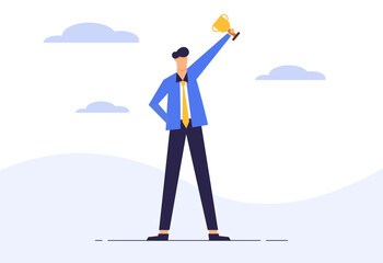 Wall Mural - success winning business man holding trophy. flat character design vector.