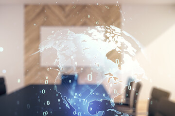 Poster - Abstract virtual coding illustration and world map on a modern coworking room background, international software development concept. Multiexposure
