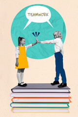 Wall Mural - Vertical collage picture of two delighted small kids black white effect give highfive stand pile stack book teamwork