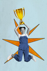 Poster - Photo sketch graphics artwork picture of charming excited small kid rising champion cup isolated drawing background