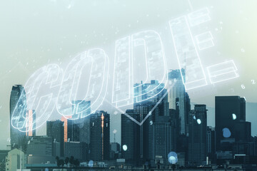 Poster - Code word hologram on Los Angeles cityscape background, international software development concept. Multiexposure