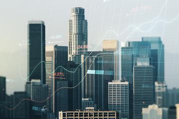 Poster - Multi exposure of abstract statistics data hologram interface on Los Angeles office buildings background, computing and analytics concept
