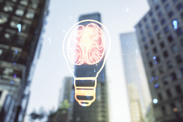 Poster - Double exposure of abstract virtual creative light bulb hologram with human brain on modern skyscrapers background, idea and brainstorming concept
