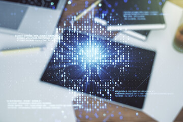 Poster - Creative code skull hologram and modern digital tablet on desktop on background, top view, cybercrime and hacking concept. Multiexposure