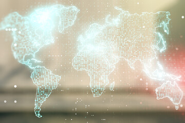 Poster - Multi exposure of abstract graphic world map hologram on contemporary business center exterior background, connection and communication concept