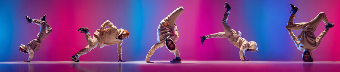 Flyer with sportive man dancing hip-hop, breakdance in white clothes on gradient pink blue background. Youth culture, hip-hop, street style, fashion