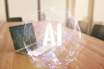 Aufkleber - Creative artificial Intelligence symbol concept with modern computer on background. Double exposure