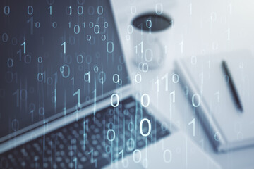 Aufkleber - Creative concept of binary code illustration on modern laptop background. Big data and coding concept. Multiexposure