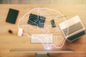 Poster - Double exposure of creative human brain microcircuit with computer on background. Future technology and AI concept