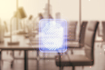 Poster - Multi exposure of virtual abstract fingerprint illustration on a modern furnished office background, digital access concept