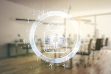Poster - Double exposure of virtual creative lock hologram with chip on modern corporate office background. Information security concept