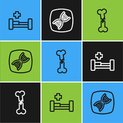 Poster - Set line Hospital bed, Human broken bone and DNA symbol icon. Vector