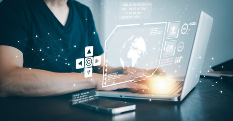 Poster - Man type tablet and graph Screen Icon of a media screen, Technology Process System Business with Communication and marketing concept, big data, HR Human, Business success,Document folder icon of data.
