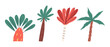 Cute hand drawn palm tree set, cartoon flat vector illustration isolated on white background. Collection of palm trees in stylized naive art style. Summer vacation concept.