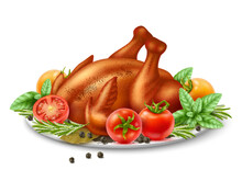 Realistic Fried Turkey Dish. Baked Poultry And Garnish, Tomatoes, Herbs And Spices, Roasted Chicken, Thanksgiving Day, Fresh Ingredients On White Plate, 3d Elements, Utter Vector Concept