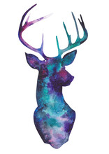Watercolor Deer Head Silhouette. Watercolor Space Illustration. Hand-drawn Deer Head Silhouette With Cosmos Art, Isolated On White Background.