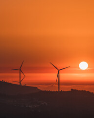 wind turbines at sunset