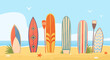 Surfboards on sand. Patterned sea boards in row on beach, ocean surfing items, hawaiian vacation, wave catchers, summer sport type, front view nowaday vector cartoon flat isolated concept