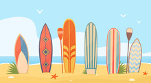 Surfboards On Sand. Patterned Sea Boards In Row On Beach, Ocean Surfing Items, Hawaiian Vacation, Wave Catchers, Summer Sport Type, Front View Nowaday Vector Cartoon Flat Isolated Concept