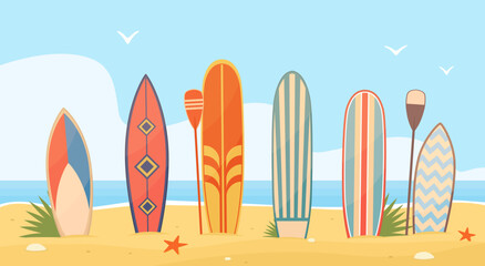 surfboards on sand. patterned sea boards in row on beach, ocean surfing items, hawaiian vacation, wa