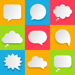 Poster - White blank speech bubbles, speak balloon,  thinking balloon, chatting box, message box set on colorful background for UI website mobile app