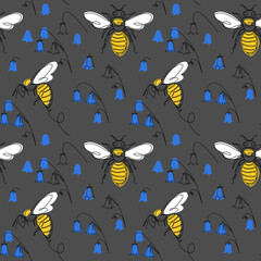 Poster - Bee vector pattern with blue flowers on grey background for texture, fabric, textile ,wallpaper, print. One continuous line art drawing of bee, vector pattern