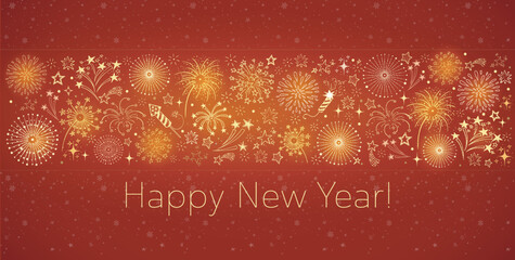 Wall Mural - New Year greeting card with doodle fireworks on red background.