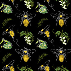 Wall Mural - Bee floral vector pattern on black background