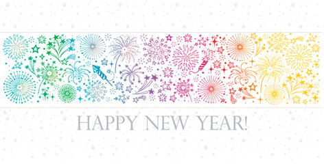 Wall Mural - New Year greeting card with doodle fireworks on white background.