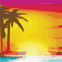 Wall Mural - Vintage palm trees beach. Abstract background with sunny gradient. Palm trees silhouettes Cartoon flat panoramic landscape, sunset with palm trees colored background Summer vacation. Sunrise or sunset