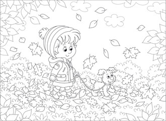 Wall Mural - Cute little girl and her merry pup walking on fallen leaves around a park on a beautiful autumn day, black and white outline vector cartoon illustration for a coloring book page