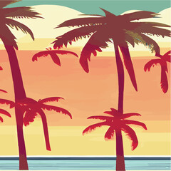 Wall Mural - Vintage palm trees beach. Abstract background with sunny gradient. Palm trees silhouettes Cartoon flat panoramic landscape, sunset with palm trees colored background Summer vacation. Sunrise or sunset