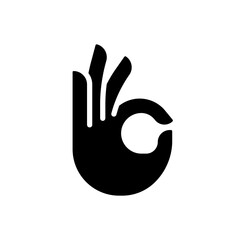 Sticker - OK gesture black glyph icon. Agreement sign. Approvement symbol. Body language information. All correct. Silhouette symbol on white space. Solid pictogram. Vector isolated illustration