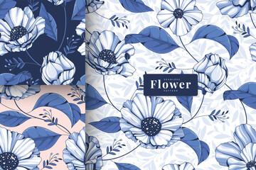 Poster - Hand drawn elegant blue floral Seamless pattern