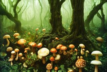 Ancient Fairy Forest With Spooky Old Knotted Trees And Mysterious Lingering Fog - Various Mushrooms And Toadstools Grow Abundantly In These Sacred Magical Woods. 
