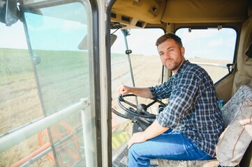 Wall Mural - Farmer driving combine and harvesting crop.